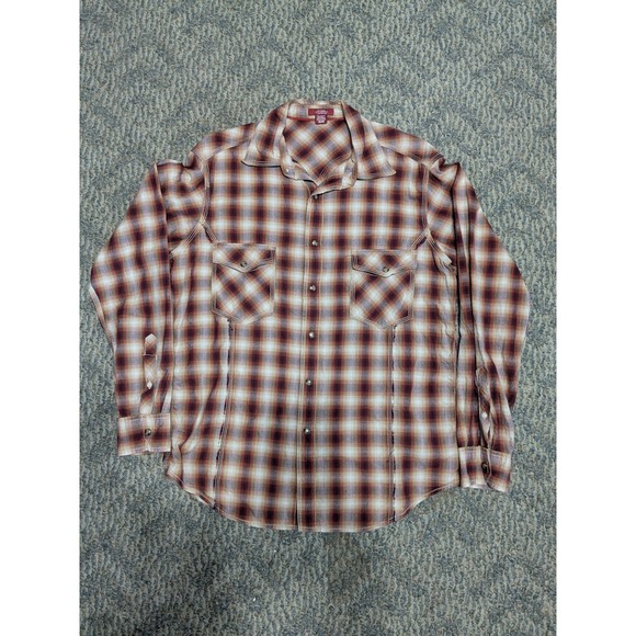 Arizona Jean Company Other - Arizona Jean Company Mens Western Plaid Snap Button Shirt Burgundy Tan Medium